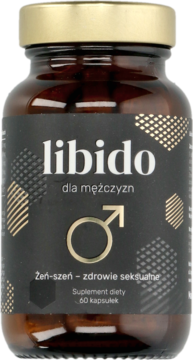 Ciemna butelka suplementu Libido dla mężczyzn z żeń-szeniem, czarna etykieta, złoty napis, widok z przodu.