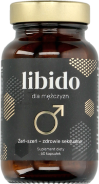 Ciemna butelka suplementu Libido dla mężczyzn z żeń-szeniem, czarna etykieta, złoty napis, widok z przodu.