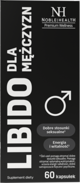 Czarny kartonik Noble Health Libido dla mężczyzn, 60 kapsułek. Przód: męski symbol, Dobre stosunki seksualne.