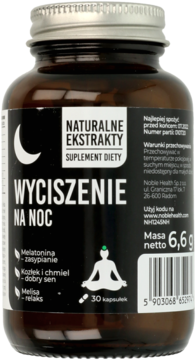 Brązowa butelka Noble Health Wyciszenie Na Noc suplement diety z melatonią, czarna etykieta, widok z przodu.