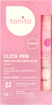 Różowe opakowanie Tanita Click Pen do precyzyjnej depilacji twarzy, z woskiem o zapachu kwiatu wiśni. Widoczny aplikator.