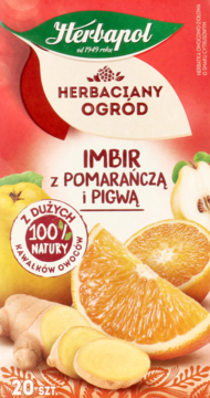 Czerwone opakowanie herbaty Herbapol Herbaciany Ogród Imbir z pomarańczą i pigwą, z owocowymi grafikami, 20 torebek.