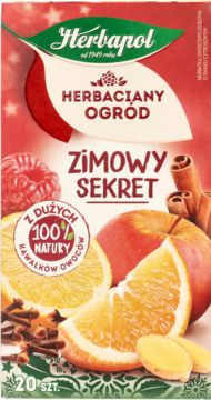Opakowanie herbaty Herbapol Zimowy Sekret, czerwono-zielone, z ilustracją owoców, cynamonu. 20 torebek.