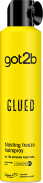 Żółty lakier do włosów got2b Glued Blasting Freeze Hairspray, widok z przodu, z czarnym dozownikiem, utrwalenie 6/6.