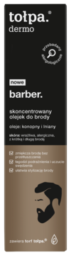 Tołpa Dermo Barber skoncentrowany olejek do brody w matowym czarno-brązowym opakowaniu, widok z przodu.