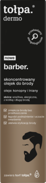Tołpa dermo barber. olejek do brody z torfem, czarno-brązowe opakowanie, białe napisy, widok z przodu.