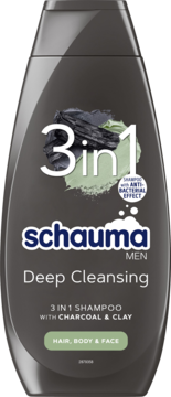 Schauma Men 3w1 Deep Cleansing szampon w ciemnoszarej butelce, z węglem i glinką, widok z przodu.
