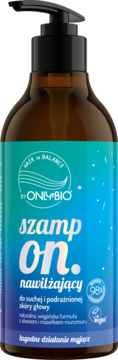 OnlyBio Hair Balance nawilżający szampon, brązowa butelka z czarną pompką, błękitna etykieta, widok z przodu.