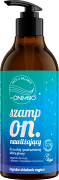 Szampon nawilżający ONLYBIO do suchej skóry głowy, brązowa butelka z czarną pompką, widok z przodu.