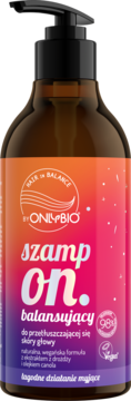 OnlyBio Szamp On. balansujący szampon do przetłuszczającej się skóry głowy, brązowa butelka z etykietą ombre.