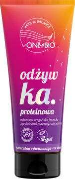 OnlyBio Hair Balance odżywka proteinowa, tubka z gradientem magenta-pomarańcz, widok z przodu.