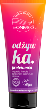 Odżywka proteinowa OnlyBio Hair in Balance, różowo-pomarańczowa tuba, widok z przodu, wegańska formuła.