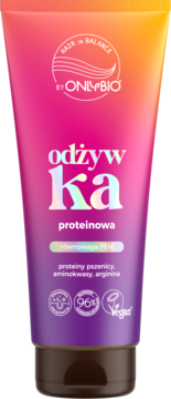 Odżywka proteinowa OnlyBio Hair in Balance w różowo-fioletowej tubce, widok z przodu, z napisem "równowaga PEH".