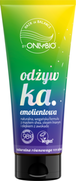OnlyBio Hair in Balance odżywka emolientowa w zielono-fioletowej tubie, widok z przodu, wegańska, z masłem shea.