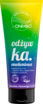 OnlyBio Hair in Balance odżywka emolientowa w kolorowej tubie, widok z przodu, do włosów puszących się.