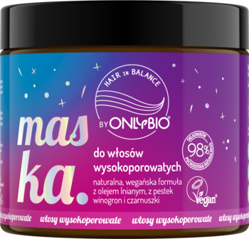 OnlyBio Hair in Balance, maska do włosów wysokoporowatych, brązowy słoik z kolorową etykietą, widok z przodu.