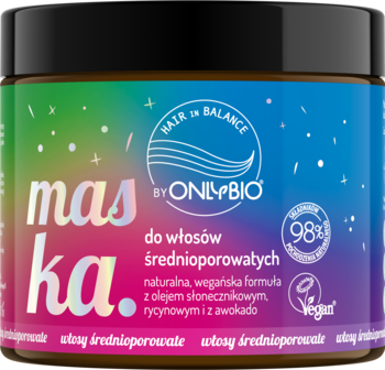 Maska OnlyBio Hair in Balance do włosów średnioporowatych, kolorowy słoik z olejami roślinnymi, widok z przodu.