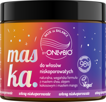 ONLYBIO Hair in Balance maska do włosów niskoporowatych mango, słoik z gradientową etykietą, widok z przodu.