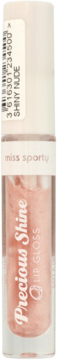 Pionowy widok błyszczyka Miss Sporty Precious Shine Lip Gloss w odcieniu Shiny Nude, różowo-nudny kolor z brokatem.