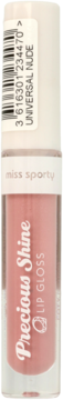 Transparentny błyszczyk Miss Sporty Precious Shine Universal Nude, widok z przodu, z etykietą i kodem kreskowym.