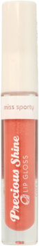 Pionowy widok błyszczyka Miss Sporty Precious Shine w przezroczystej tubce, odcień Juicy Coral.