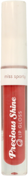 Miss Sporty Precious Shine błyszczyk w przezroczystej tubce, odcień rosewood, z białą zakrętką, widok z przodu.