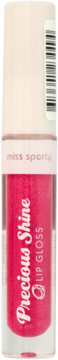 Miss Sporty Precious Shine błyszczyk do ust, fuksjowy z brokatem, pionowo w przezroczystej tubce.