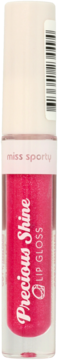 Miss Sporty Precious Shine błyszczyk do ust, fuksjowy z brokatem, pionowo w przezroczystej tubce.
