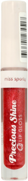 Błyszczyk Miss Sporty Precious Shine, lśniący czerwony z brokatem, w przezroczystej tubce, widok z przodu.