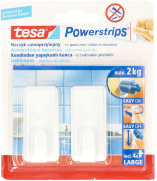Dwa białe haczyki tesa Powerstrips w blistrze, na opakowaniu max. 2 kg i napisy EASY ON/OFF, widok z przodu.