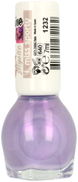 Fioletowy lakier Miss Sporty 1'To Shine 640 w szklanej butelce 7ml, z białym korkiem, widok z przodu.