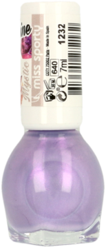 Fioletowy lakier Miss Sporty 1'To Shine 640 w szklanej butelce 7ml, z białym korkiem, widok z przodu.