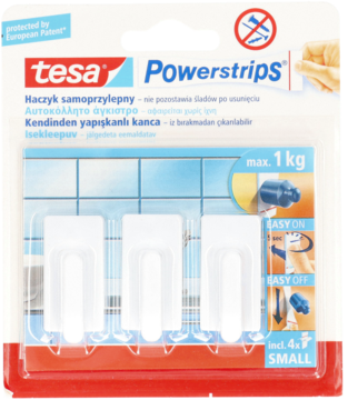 Opakowanie tesa Powerstrips z 4 białymi haczykami samoprzylepnymi, nośność do 1 kg, widok z przodu.
