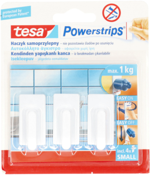 Opakowanie tesa Powerstrips z 4 białymi haczykami samoprzylepnymi, nośność do 1 kg, widok z przodu.