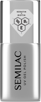 Srebrna butelka Semilac Care Base UV Gel Polish z Keratyną, Biotyną, wit. B7, E na zakrętce, widok z przodu.