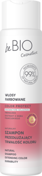 Biała butelka szamponu beBIO Color Protect do włosów farbowanych, z różowym pasem, widok z przodu.