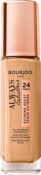 Bourjois Always Fabulous Full Coverage foundation, light beige bottle, rose gold cap, front view, SPF 20.