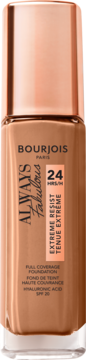 Podkład Bourjois Always Fabulous, brązowa butelka z pompką rose gold, widok z przodu, z filtrem SPF 20.