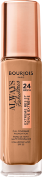 Kryjący podkład Bourjois Always Fabulous SPF 20, szklana butelka z beżowym płynem, widok z przodu.