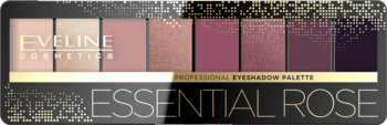 Eveline Essential Rose: profesjonalna paleta 8 cieni w odcieniach beżu, różu, bordo. Czarne opakowanie ze złotym logo.