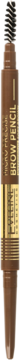 Pionowy widok brązowej automatycznej kredki Micro Precision Brow Pencil ze złotym napisem i szczoteczką.