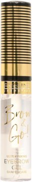 Eveline Brow & Go! transparent ultra-fixing eyebrow gel in clear bottle with striped gold-black cap, front view.