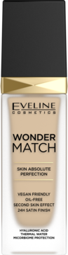 Eveline Wonder Match podkład, beżowa matowa butelka, czarna nakrętka, 24H satynowe wykończenie, widok przód.