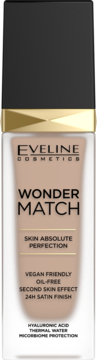 Eveline Wonder Match matujący podkład do twarzy, beżowa butelka z czarną nakrętką i złotym detalem, widok z przodu.
