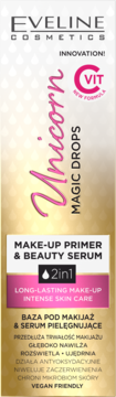 Eveline Unicorn Magic Drops, serum 2w1 w białym i złotym opakowaniu, widok z przodu. Zawiera C VIT.