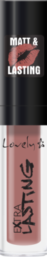 Matowa pomadka Lovely Extra Lasting, kolor nude-róż, w przezroczystej tubce z czarną zakrętką, widok z przodu.