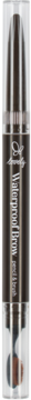 Pionowa kredka do brwi 2w1 Lovely Brow Pencil & Brush, odcień 02. Ciemnobrązowe opakowanie, srebrne detale.