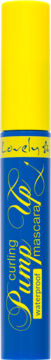 Bright blue Lovely Pump Up Curling Waterproof Mascara tube with a yellow cap and yellow text, full front view.