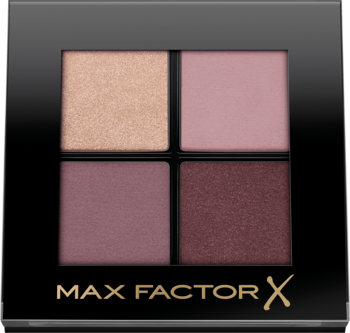 Max Factor Colour Expert paletka cieni 4 kolory: złoty shimmer, różowy mat i dwa śliwkowe, w czarnym etui.