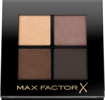 Max Factor Colour Expert Mini Palette, czarna, 4 cienie: złoty, brązowy satynowy, ciemne matowe brązy.